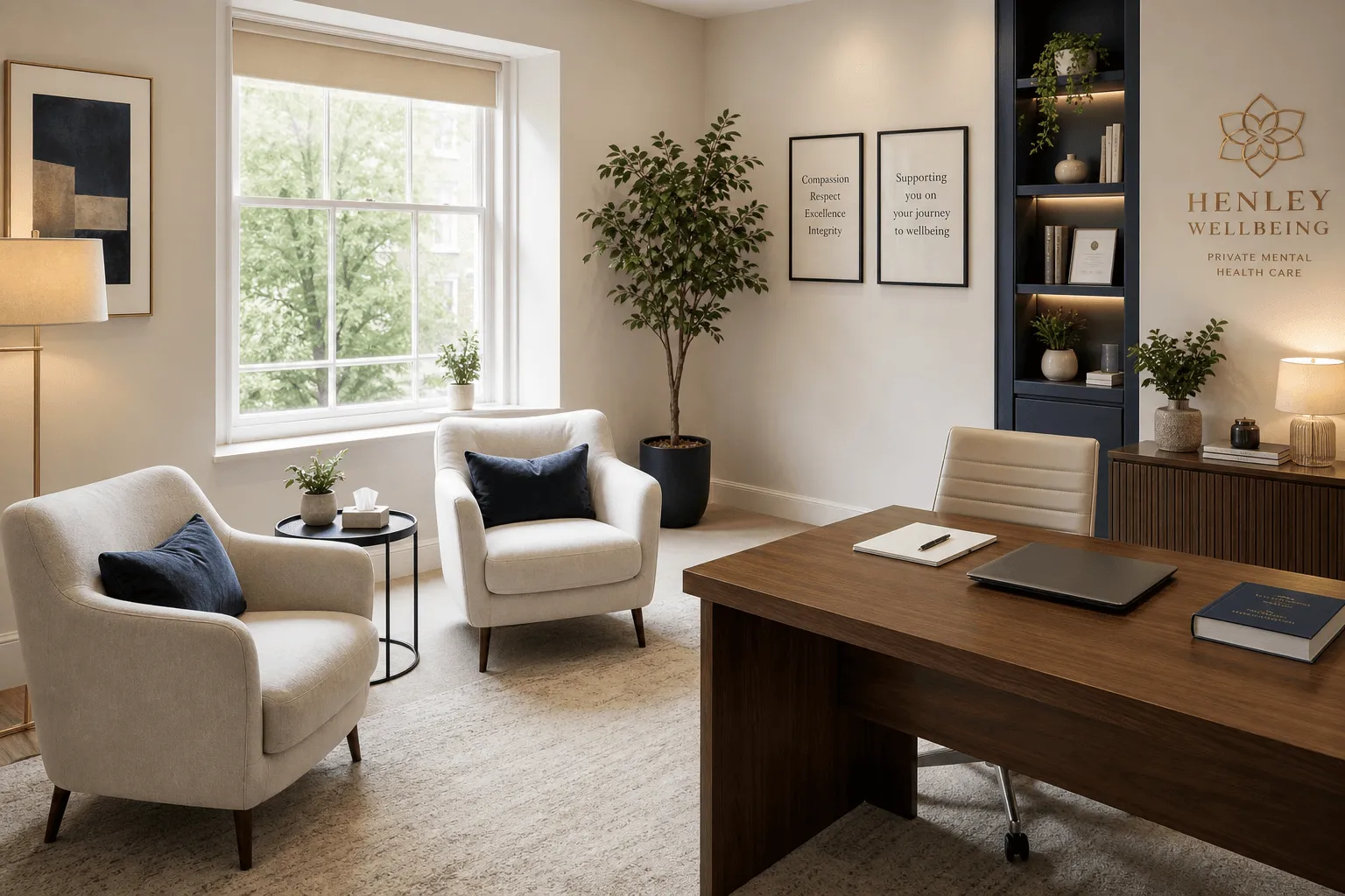 A calm, light-filled room with a pathway of possibility beyond the window